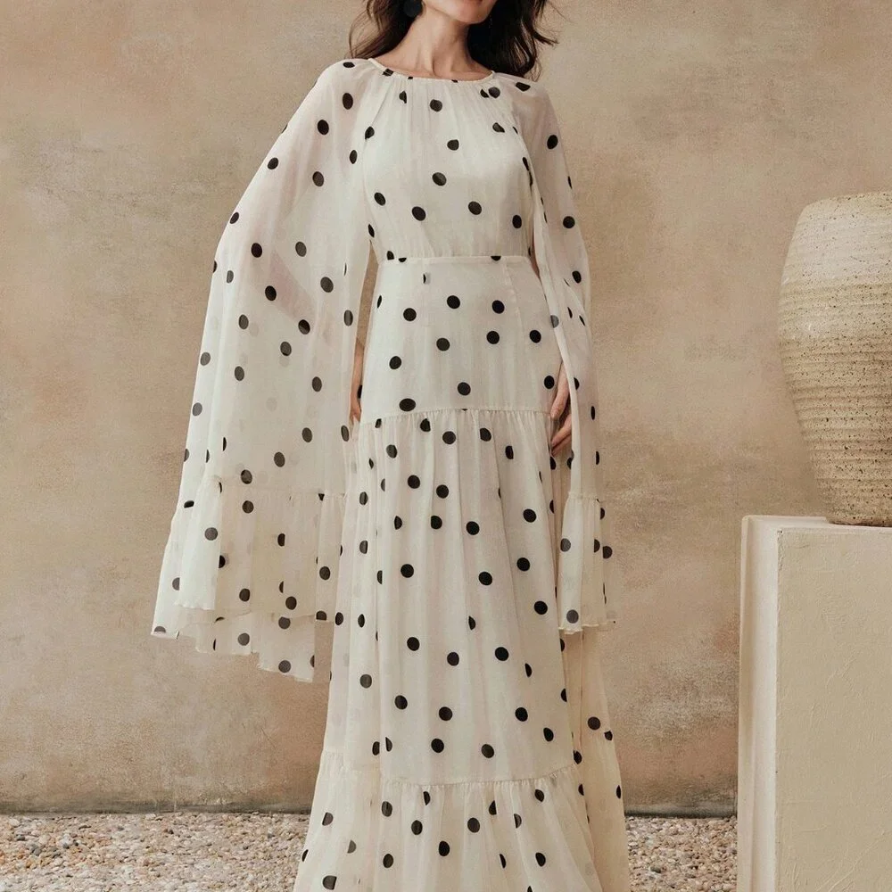 Beige Elegant Women's Long Polka Dot Flared Hem Dress